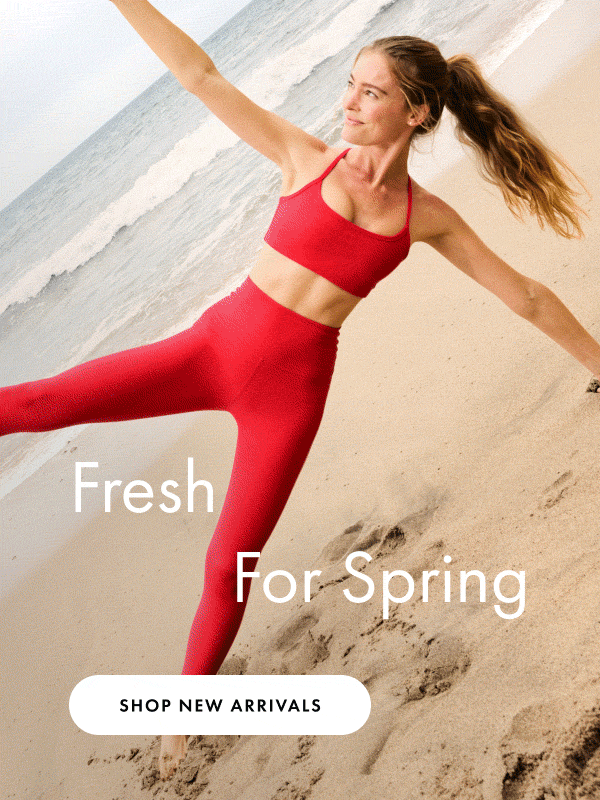 model is wearing a red bra and red high-waisted midi leggings. model is wearing a white tank and blue shorts. model is wearing a pink bra top. model is wearing a blue mini dress with white piping. 