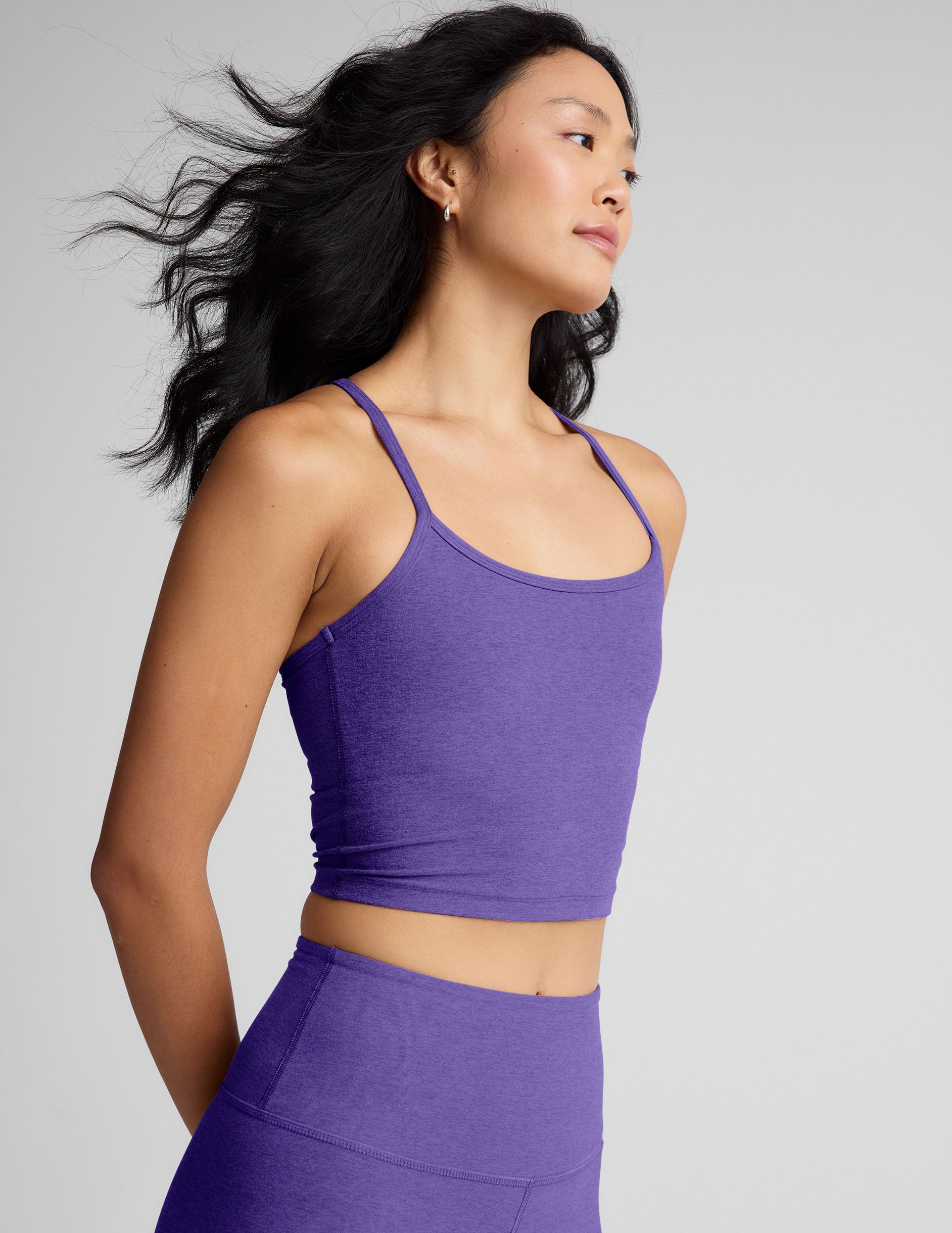 purple racerback cropped tank top with slim straps. 